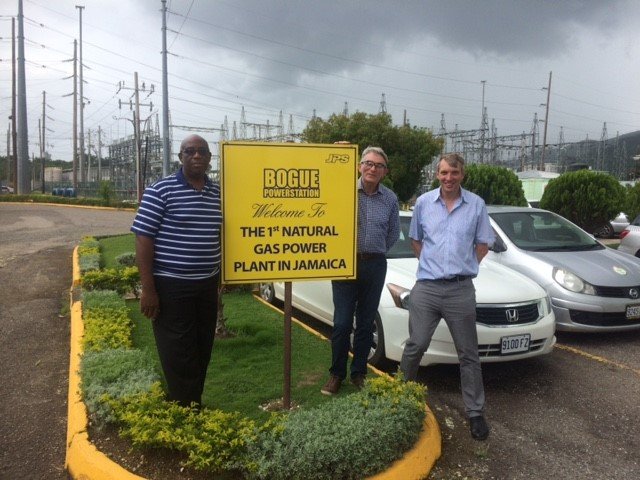 Douet Stennett, Jamaica Ministry of Science, Energy and Technology with David Drury and Martin Lambert of Gas Strategies at the Bogue gas-fired power plant.